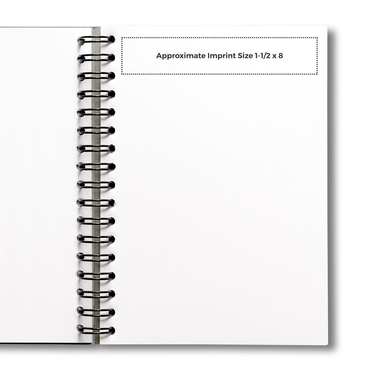 Notebook with binder rings showing approximate imprint size 1-1/2 x 8 for custom branding or logo placement.