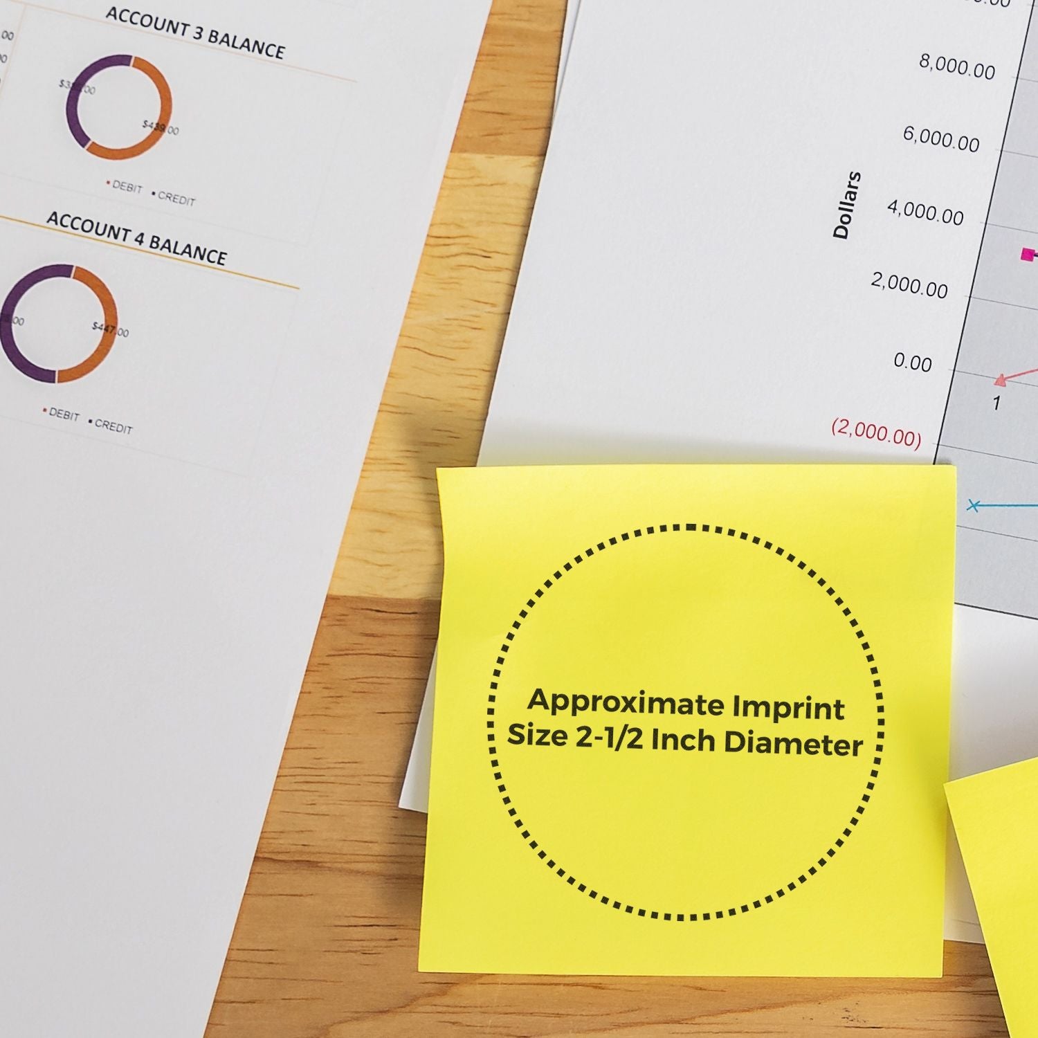 Yellow sticky note showing approximate imprint size 2-1/2 inch diameter placed on desk beside financial balance charts for product labeling.