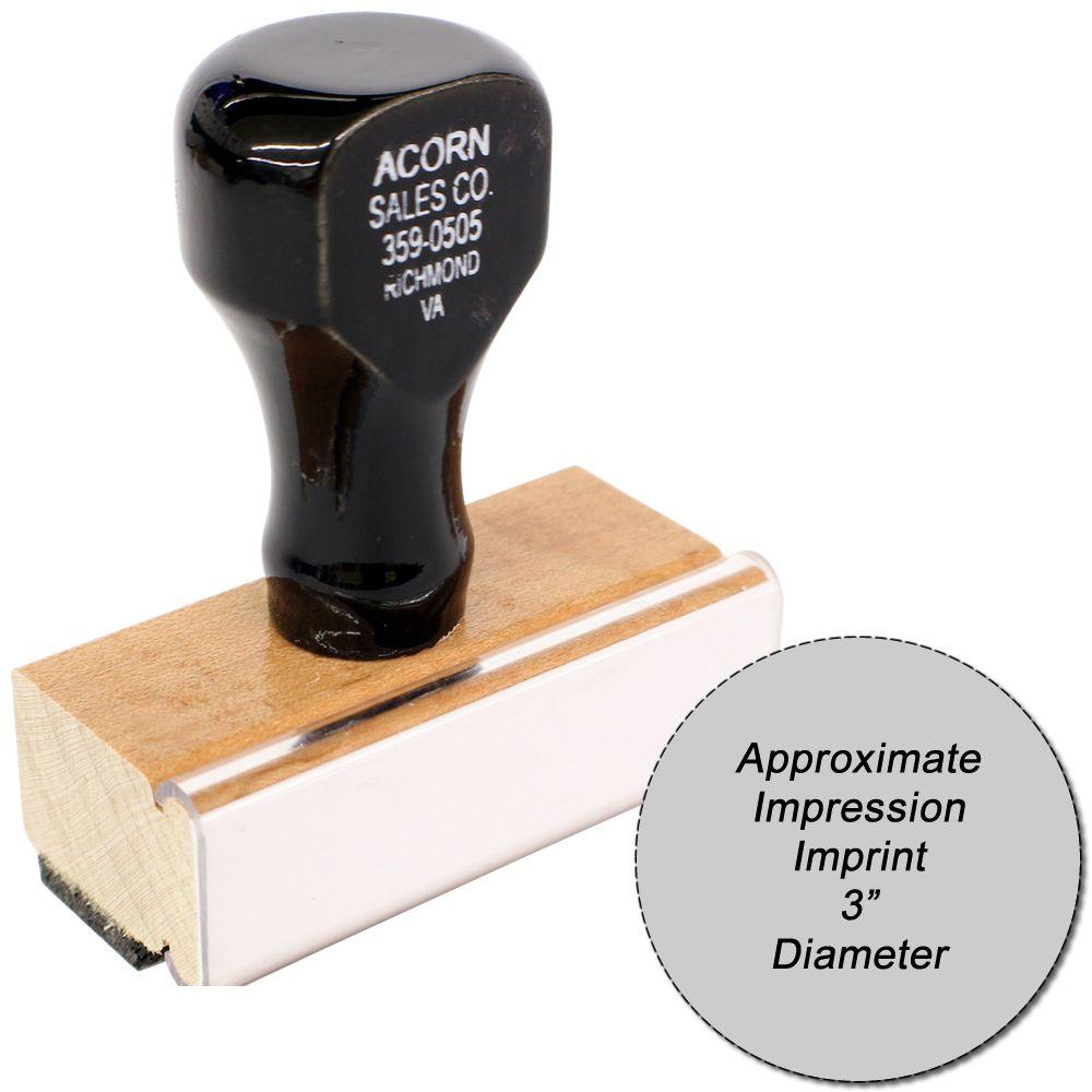 Acorn Sales Co. custom logo rubber stamp handle on wood block, showing approximate impression imprint diameter 3 in.