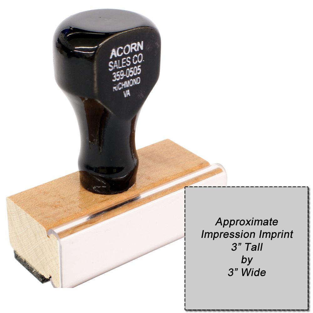 Black Acorn Sales Co. rubber stamp on wooden block, showing approximate 3-inch tall by 3-inch wide impression for labeling and signage.