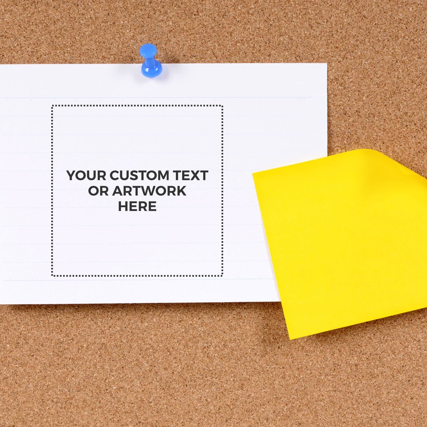 Cork bulletin board with pinned note mockup and custom text or artwork placeholder for designing announcements.