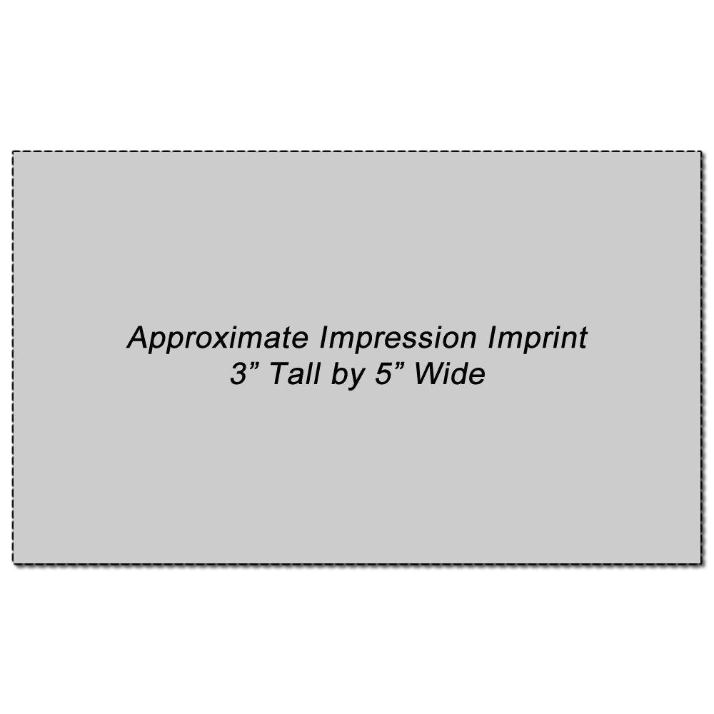 Approximate imprint impression area for product branding: 3 inches tall by 5 inches wide on a gray template.