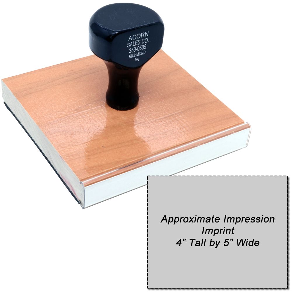 Acorn Sales Co. wooden stamp with black handle showing approximate impression size: 4" tall by 5" wide.