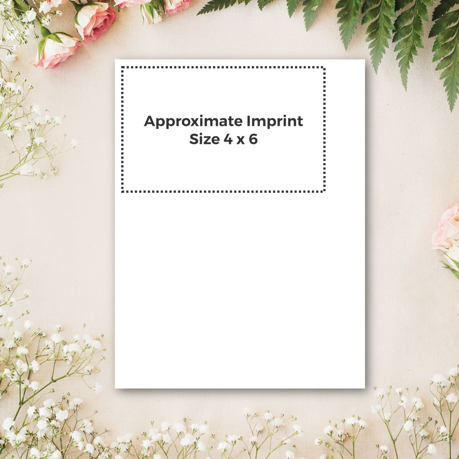 Blank 4x6 card mockup showing approximate imprint size, with floral border for custom photo or greeting card printing templates.