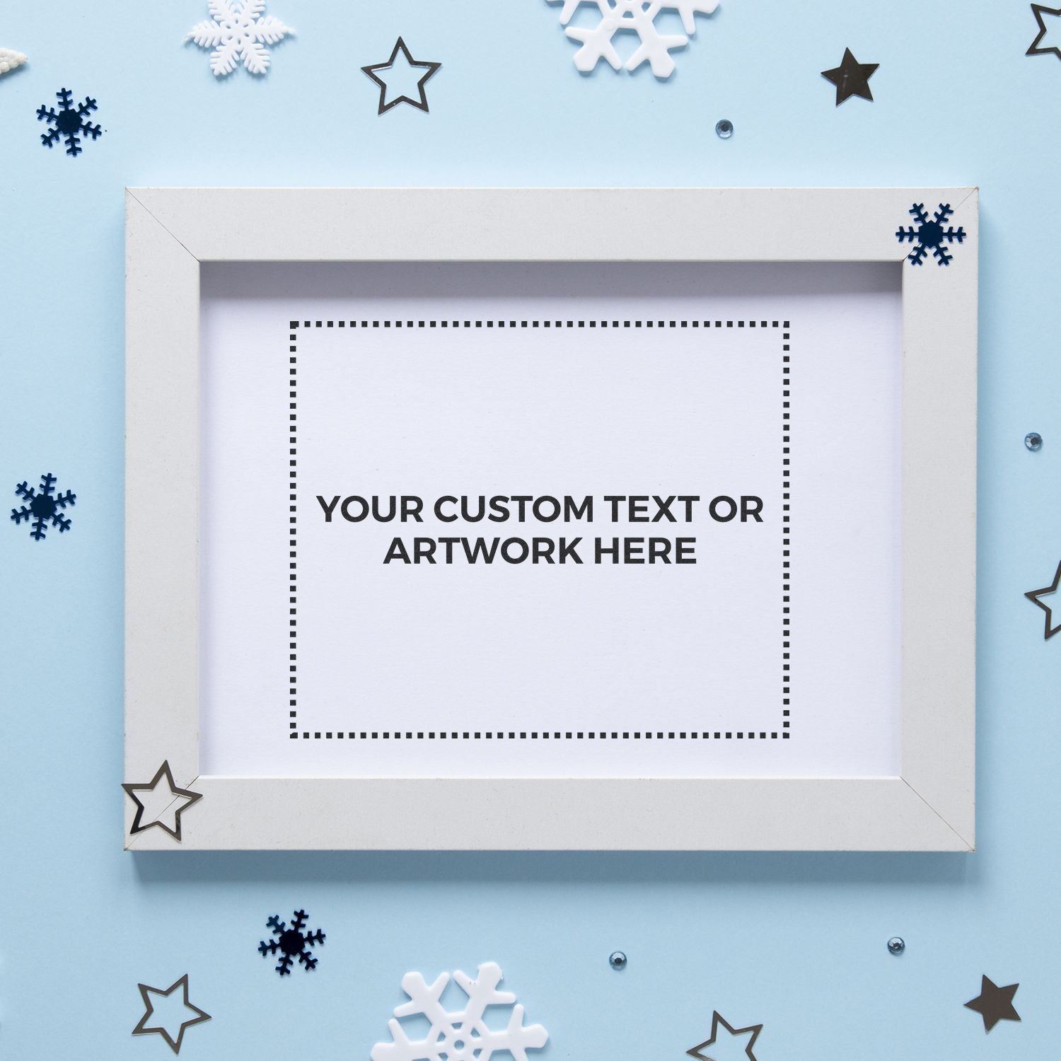 Winter-themed custom photo frame mockup with snowflakes and stars, featuring a placeholder for your custom text or artwork here.