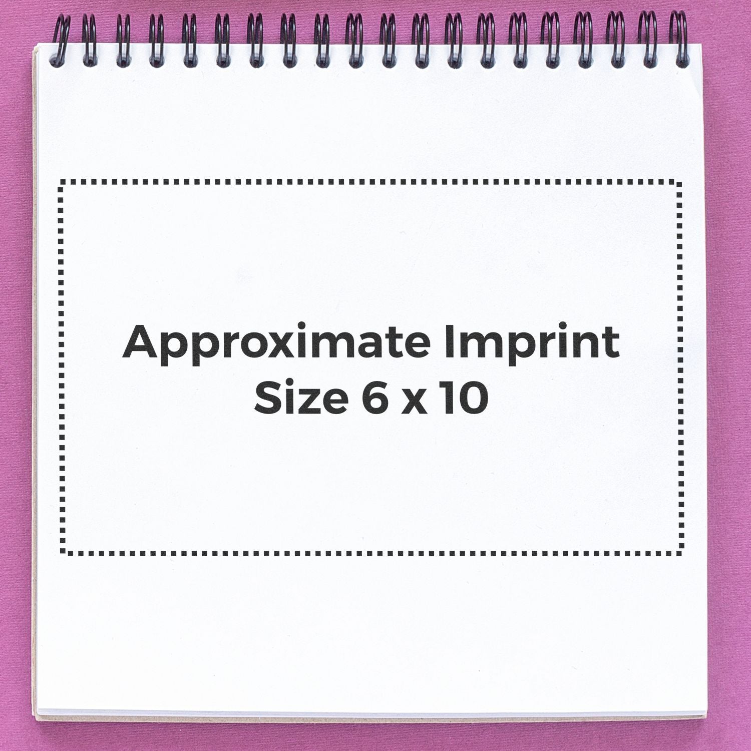 Notebook mockup with approximate imprint size 6 x 10 for custom logo printing, branding, and screenprint measurement guidance template.