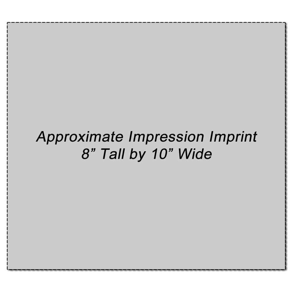 Approximate imprint impression size 8-inch tall by 10-inch wide on a blank square template for product branding