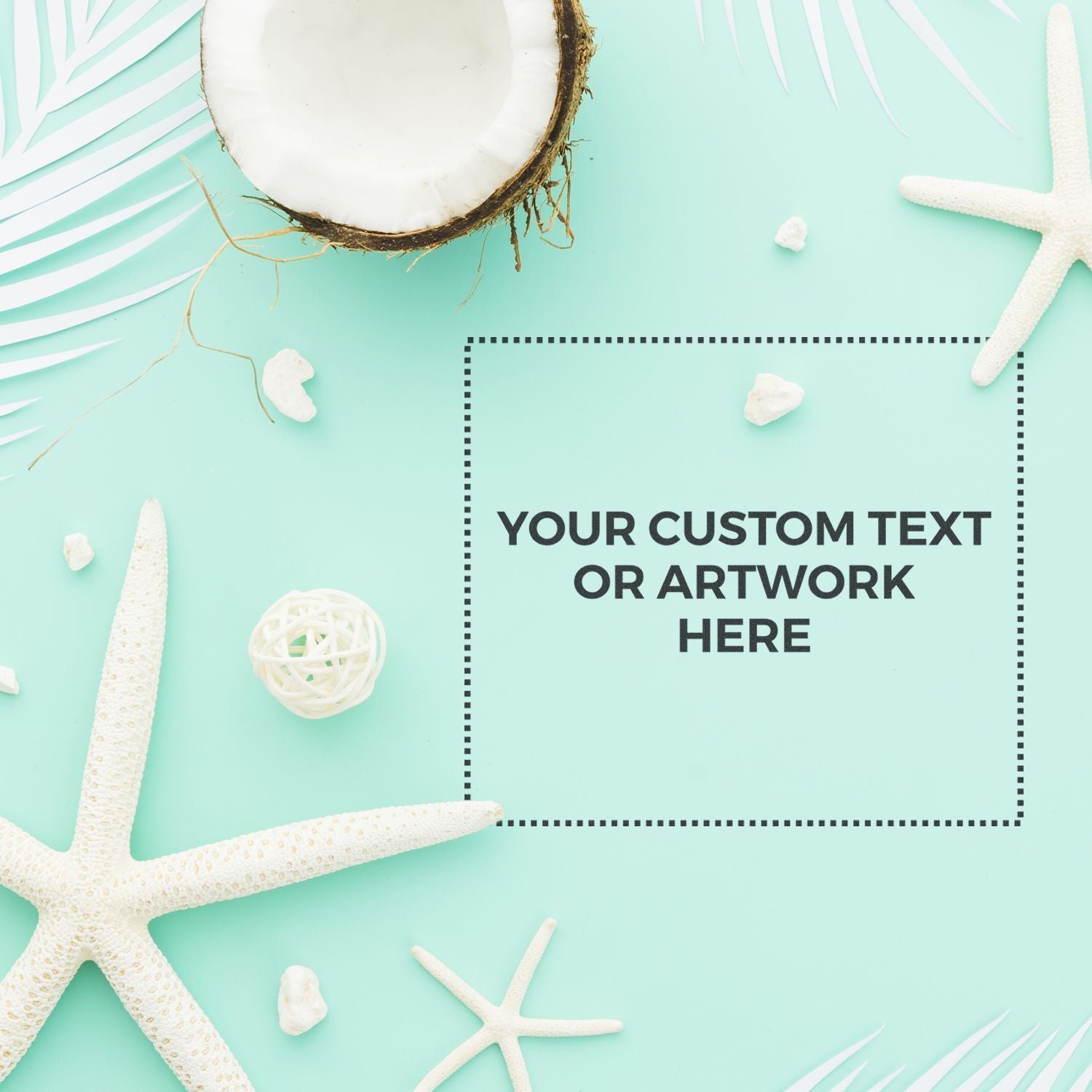 Sea-themed background with starfish, shells and coconut; custom text or artwork placeholder in a square frame.