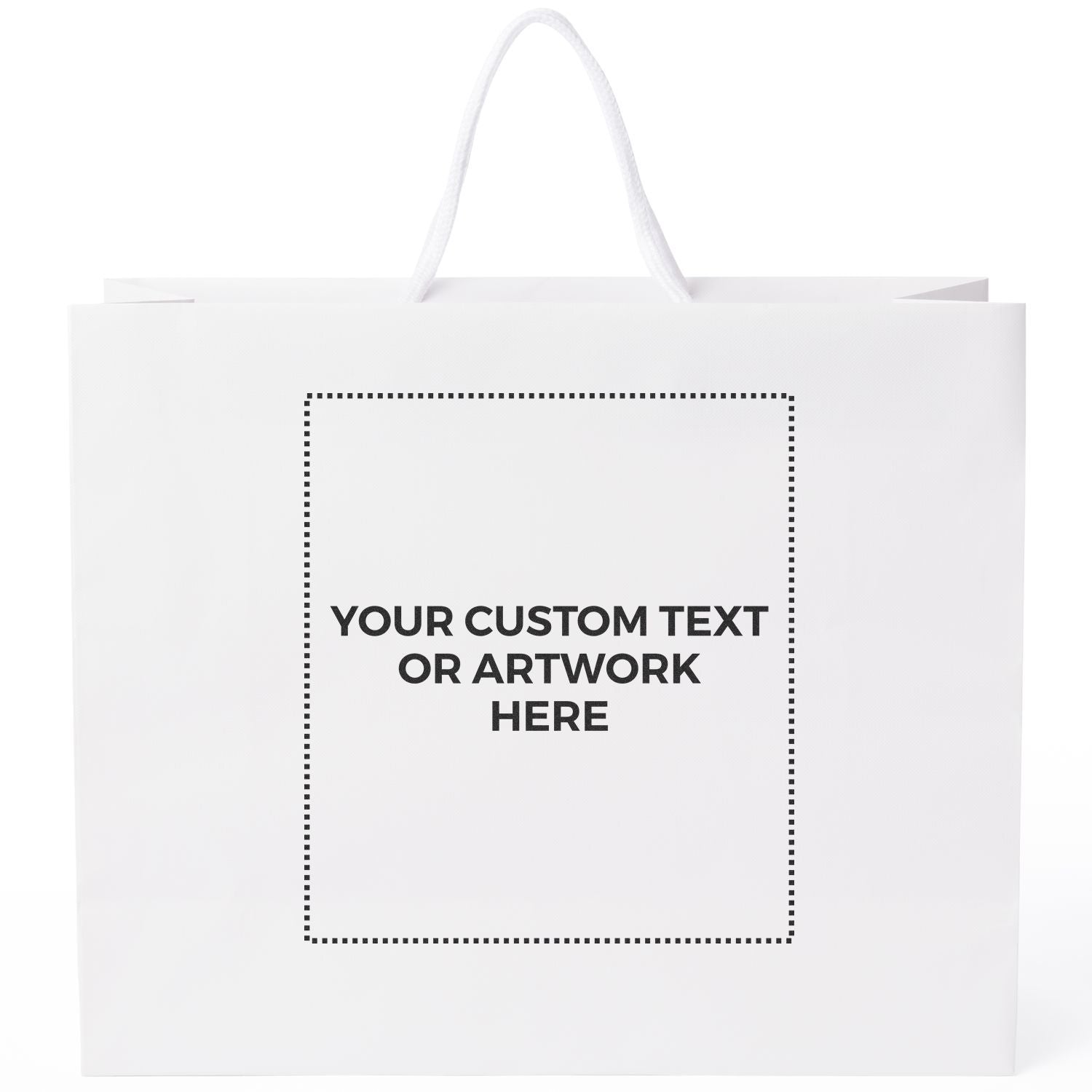 White shopping gift bag mockup with customizable label area for your custom text or artwork, ideal for branding and retail.