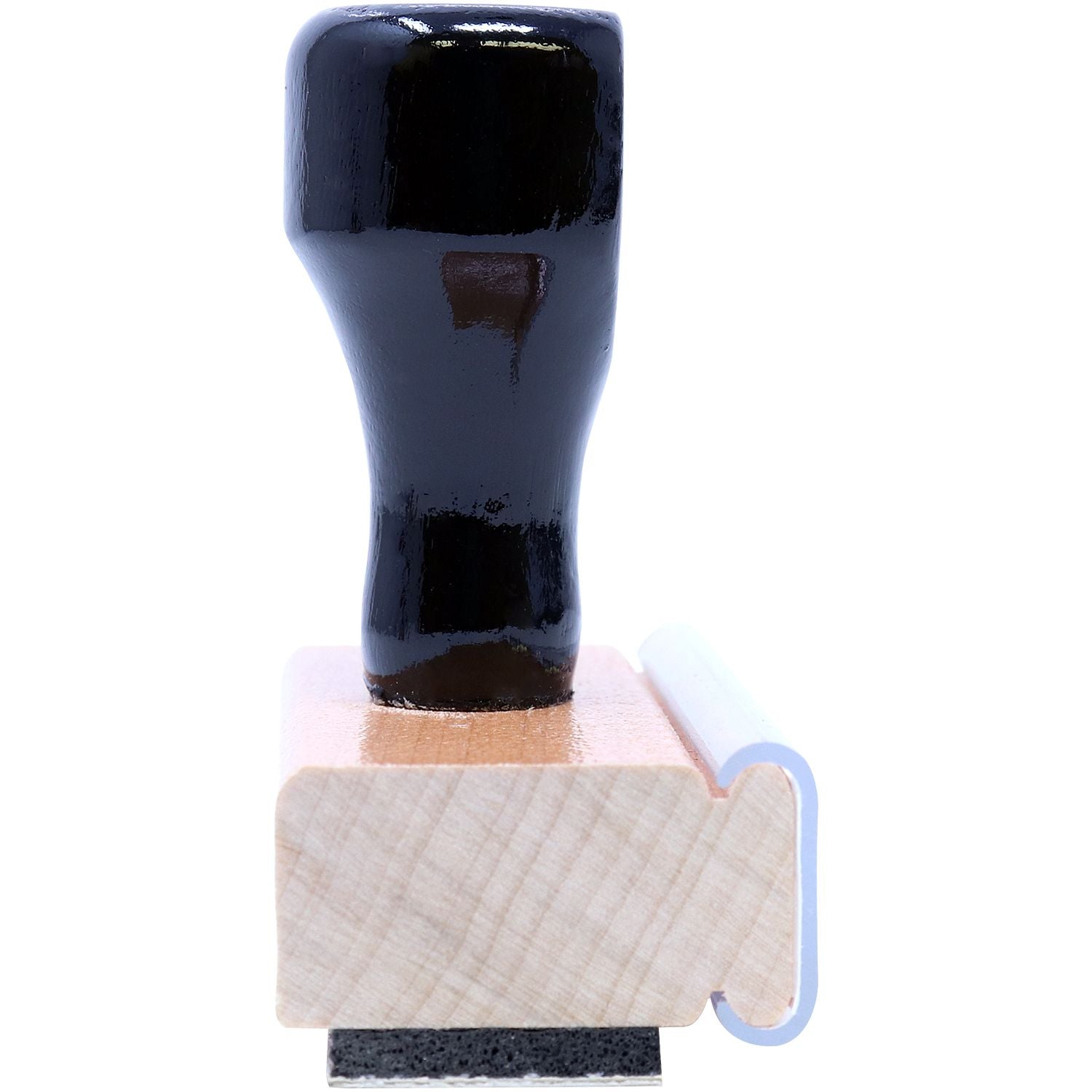 Blue ink stamp with dark rubber head on wooden handle, for imprinting documents and crafts.