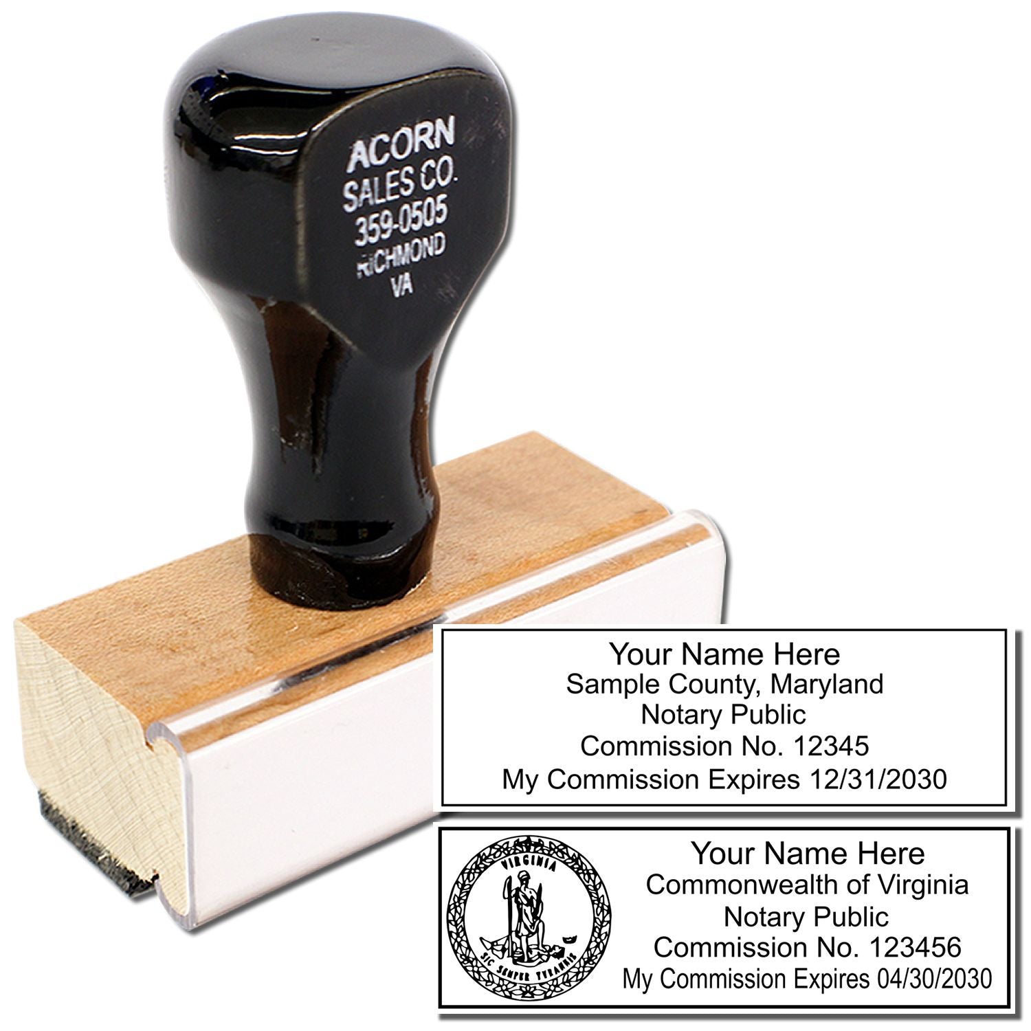 Custom notary embossing seal stamp with Virginia and Maryland commission nameplate examples