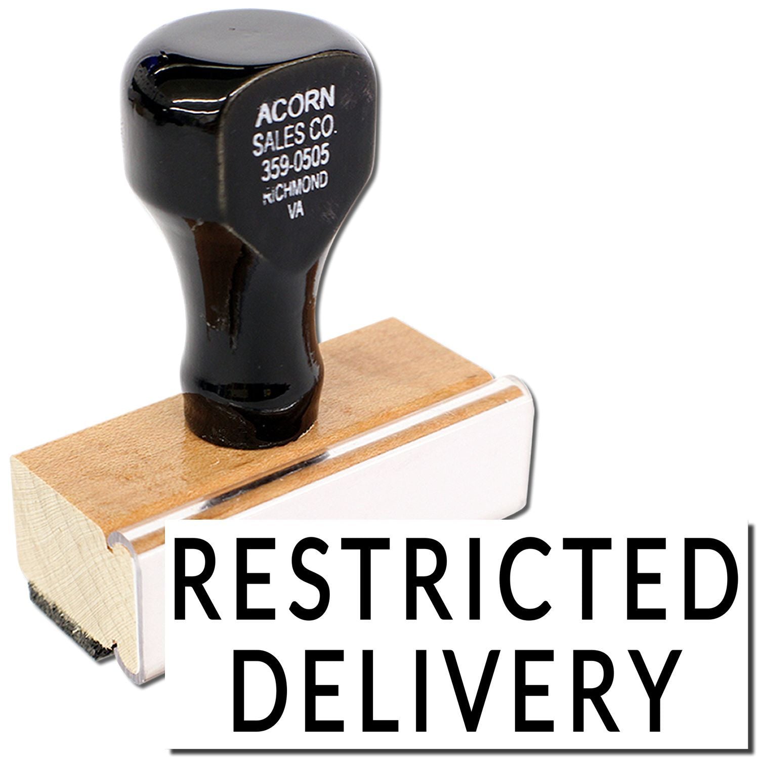 Restricted Delivery self-inking rubber stamp with Acorn Sales Co. branding.