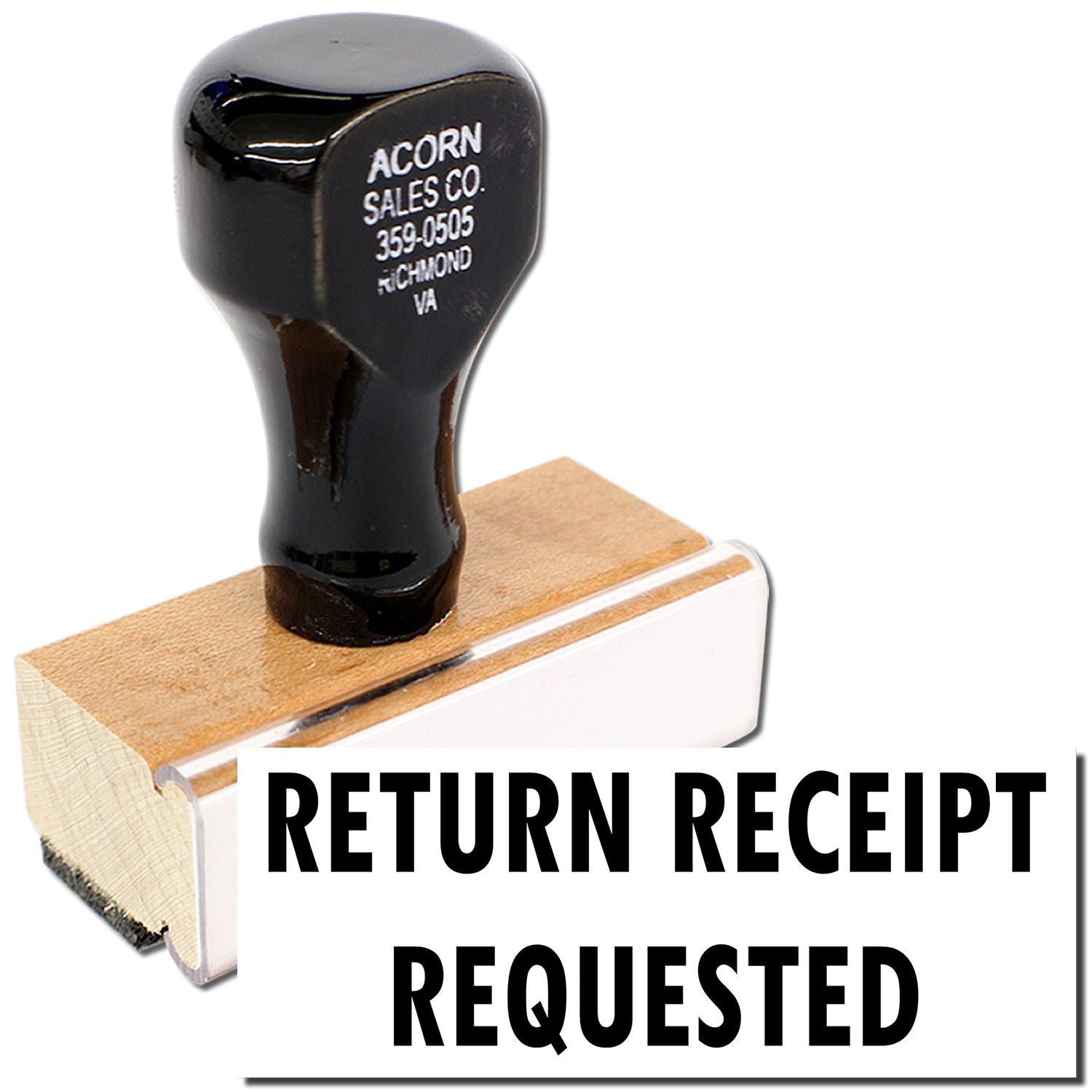 Return receipt requested self-inking stamp with black ink and wooden mount.