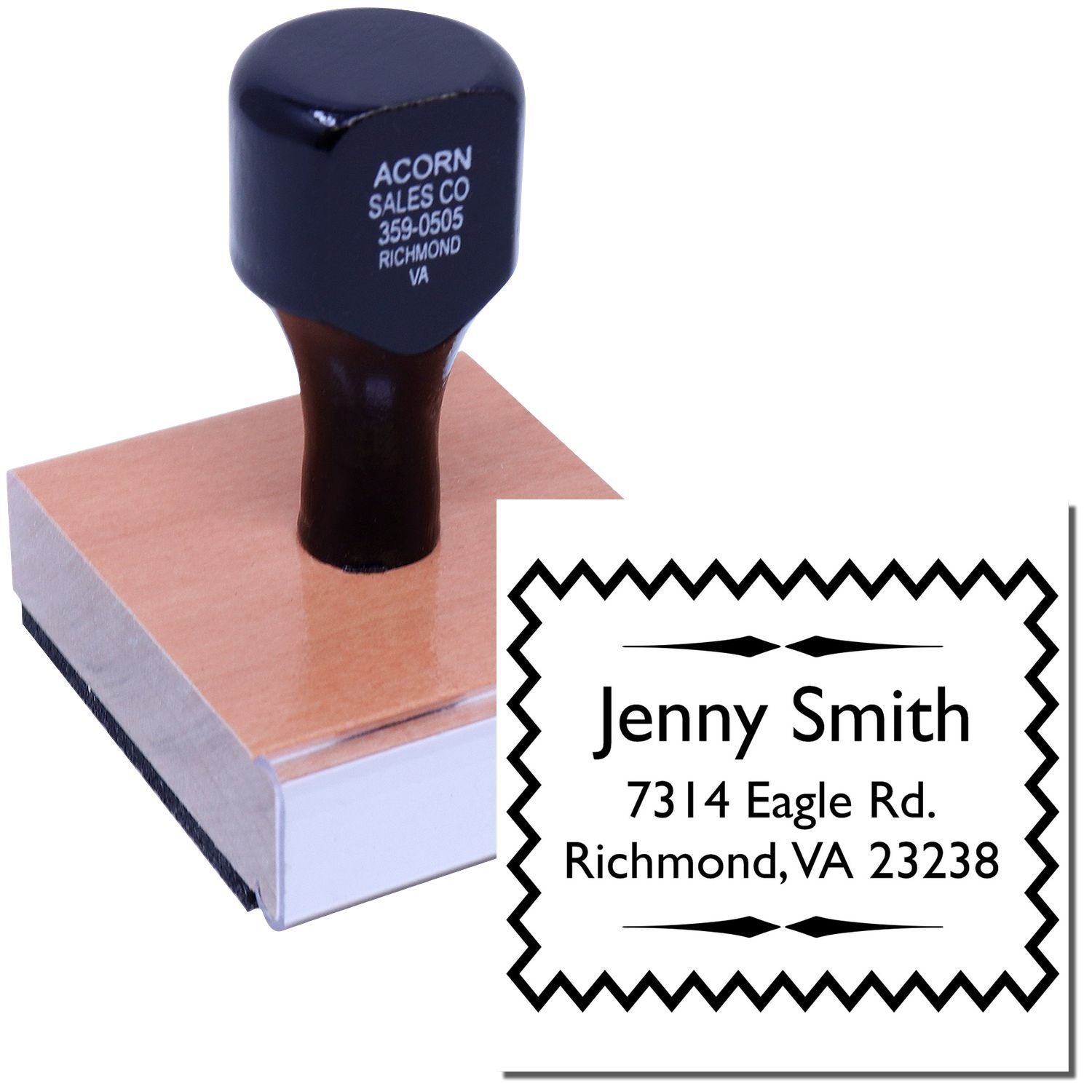 Custom rubber address stamp with Jenny Smith name and Richmond, VA 23238 imprint.