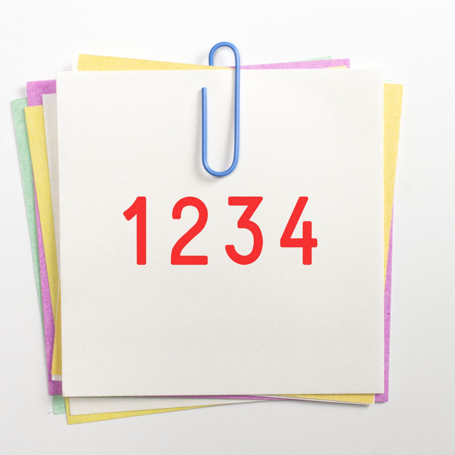 Stack of blank sticky notes clipped with a blue paperclip and red 1234 number illustration on white background