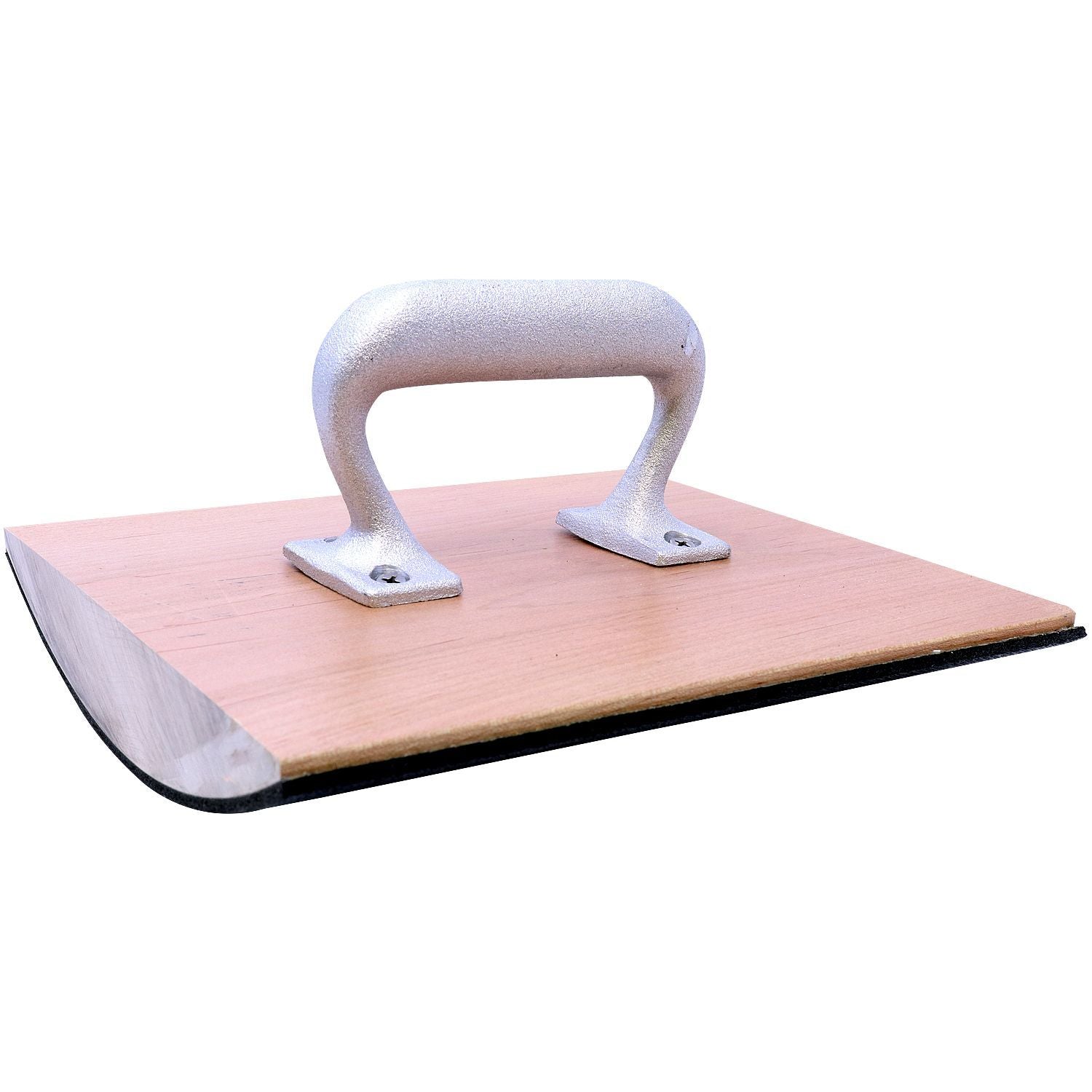 Metal hand grab carry handle bolted to wooden board, used for lifting and transporting furniture or doors.