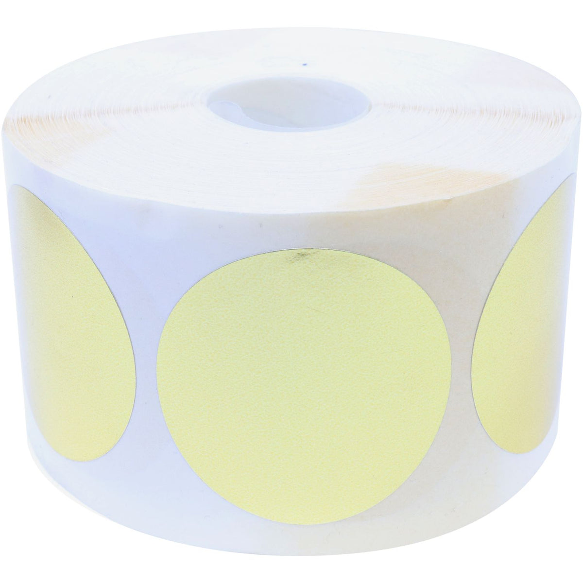 Roll of round yellow adhesive labels on a white sticker roll, product packaging supplies.