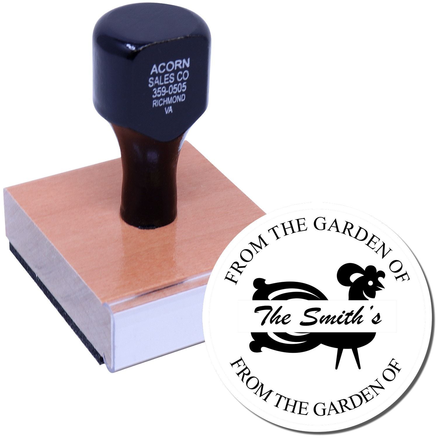 Custom rubber stamp with personalized farm logo and address design for From the Garden of The Smiths.