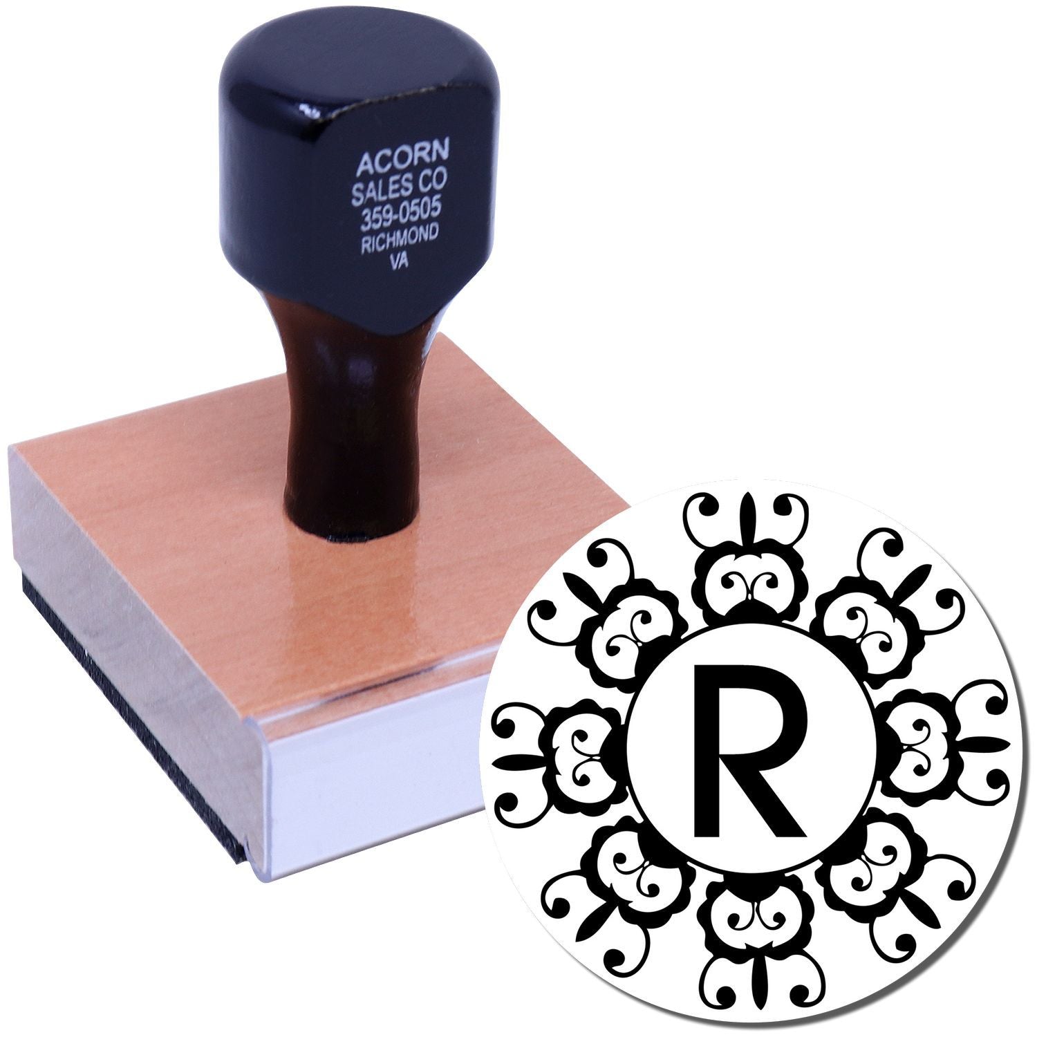 Custom rubber stamp with floral monogram R design for personalized business, branding, or craft stamping.