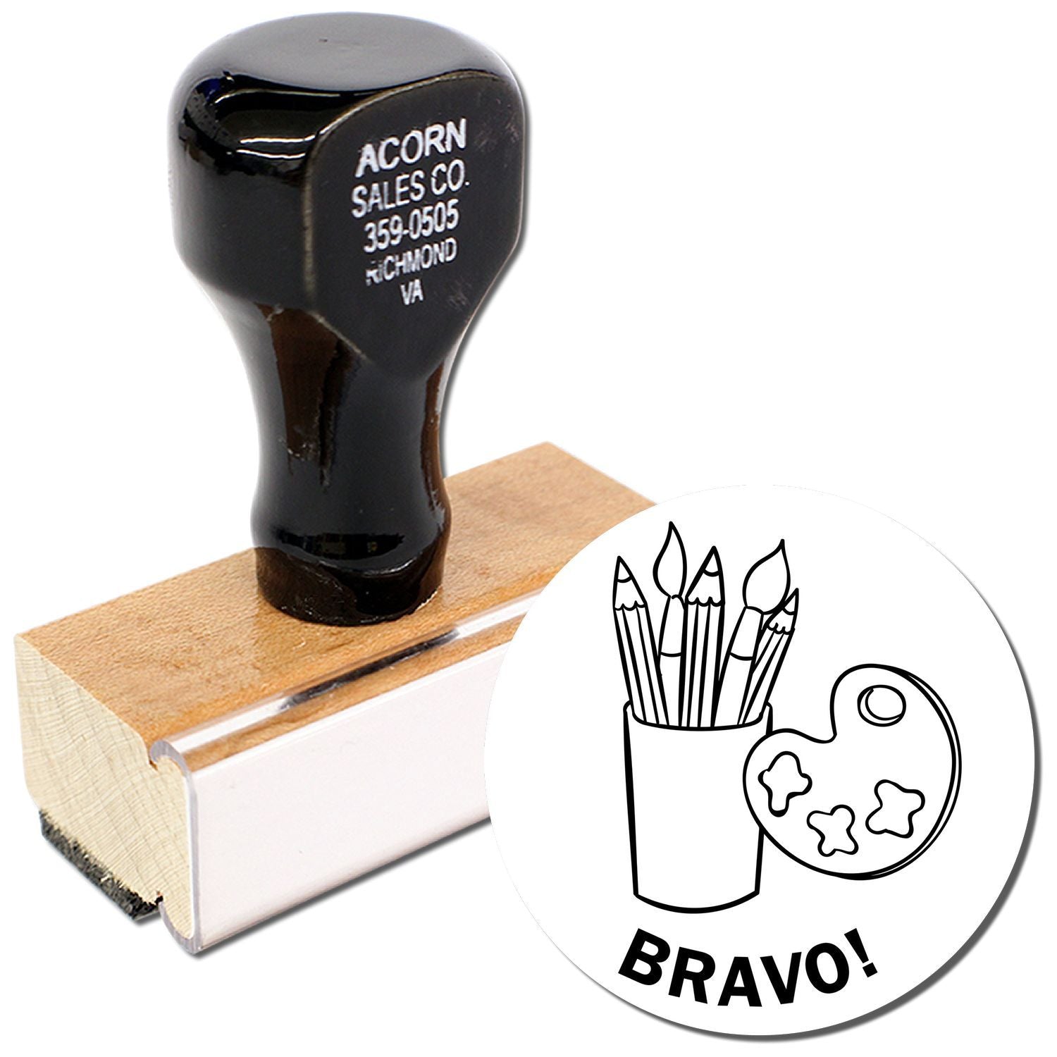 Custom Bravo rubber stamp with wooden handle, ideal for classroom art supplies and office stamping.