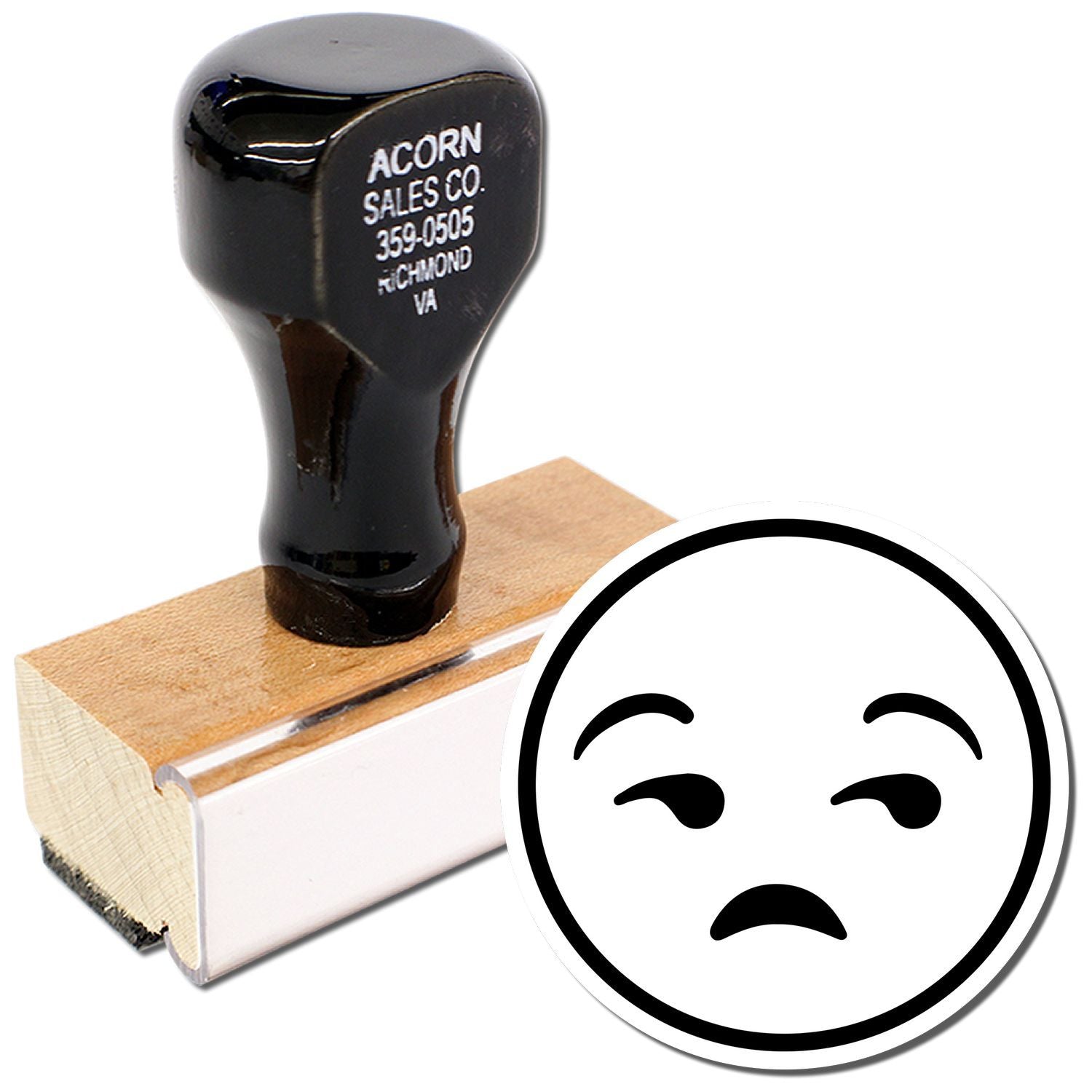 Black custom rubber stamp with Acorn Sales Co. text and a neutral face icon on a white background.