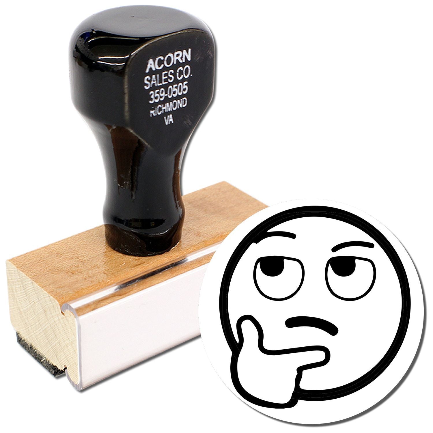Black custom rubber stamp on wooden block with thinking face icon on white background