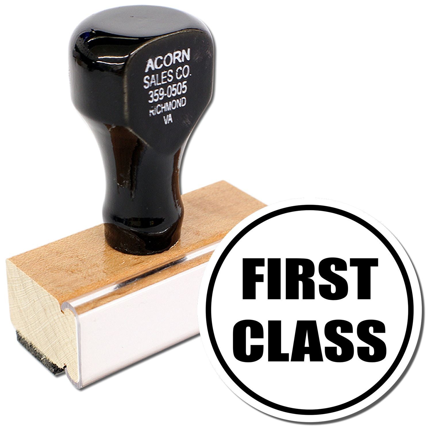 First Class rubber stamp with black handle and wooden base, office mail marking stamp tool