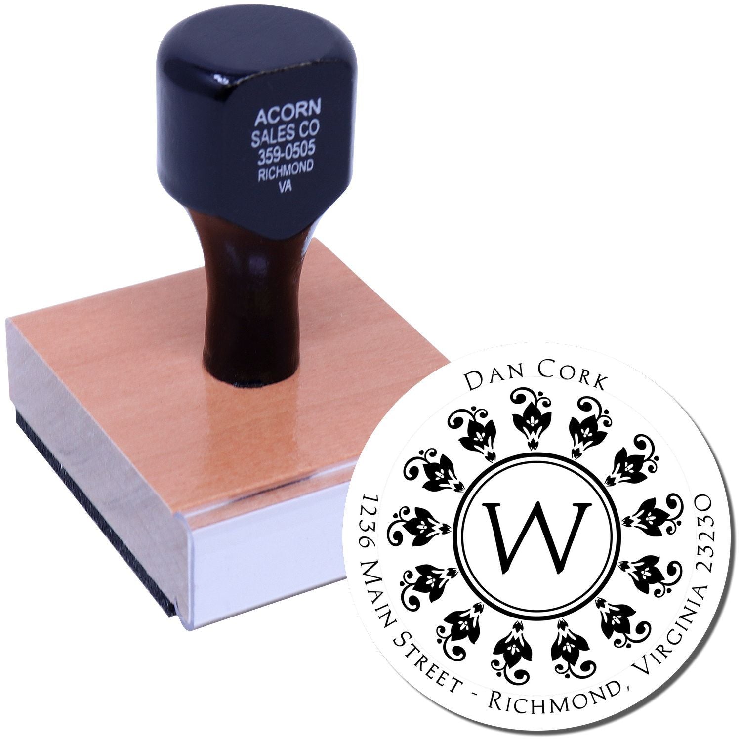 Custom rubber address stamp with monogram design for personalized mail, return address labels, and wedding stationery.