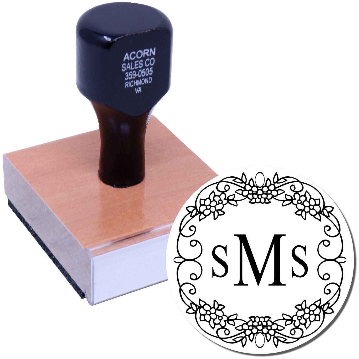 Custom SMs floral monogram rubber stamp for wedding invitations, stationery, and gift personalization.