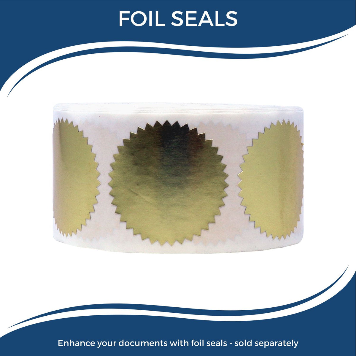 Foil seals roll with gold adhesive seals for enhancing documents and packaging.