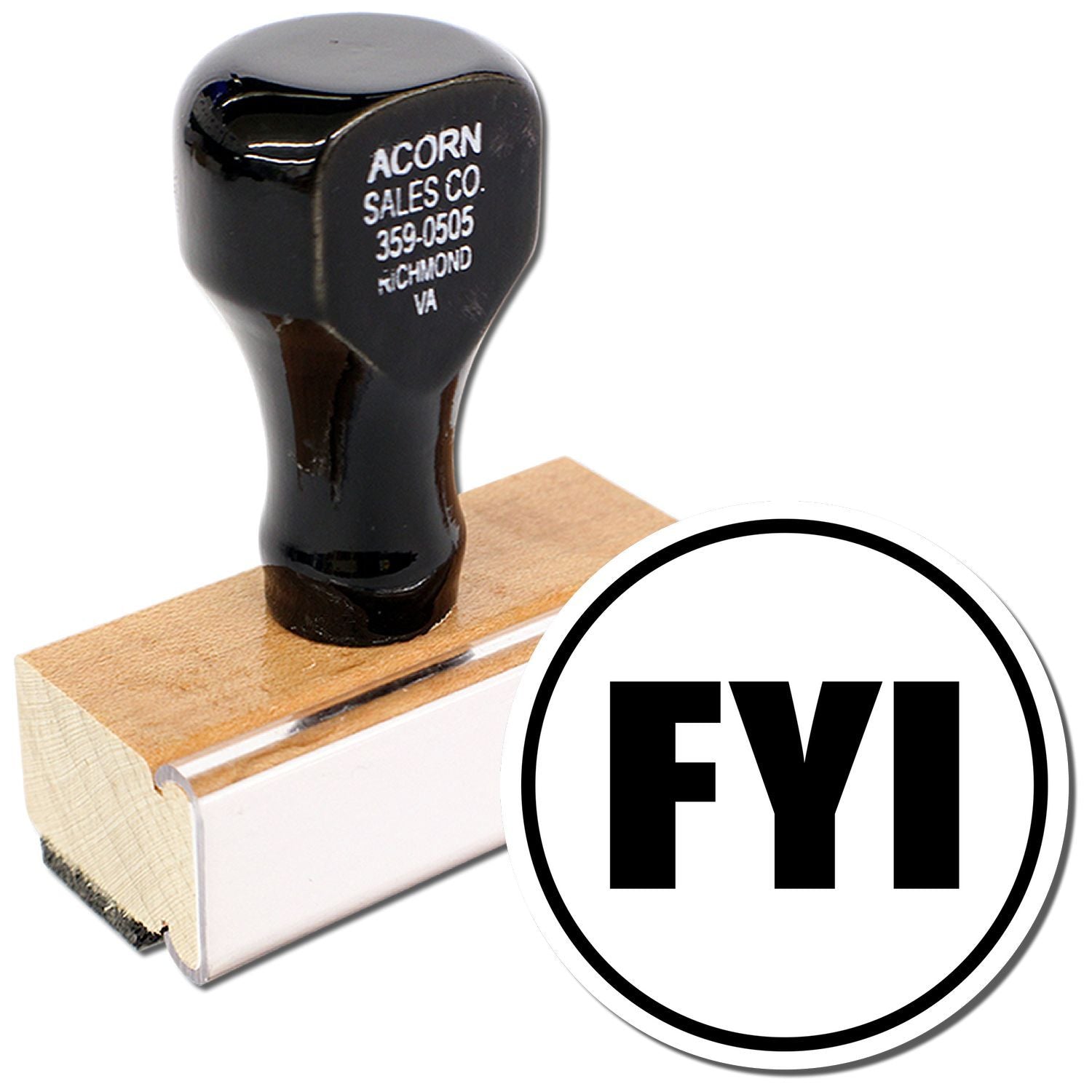 Black custom FYI rubber stamp with wooden base and handle, office supply on white background
