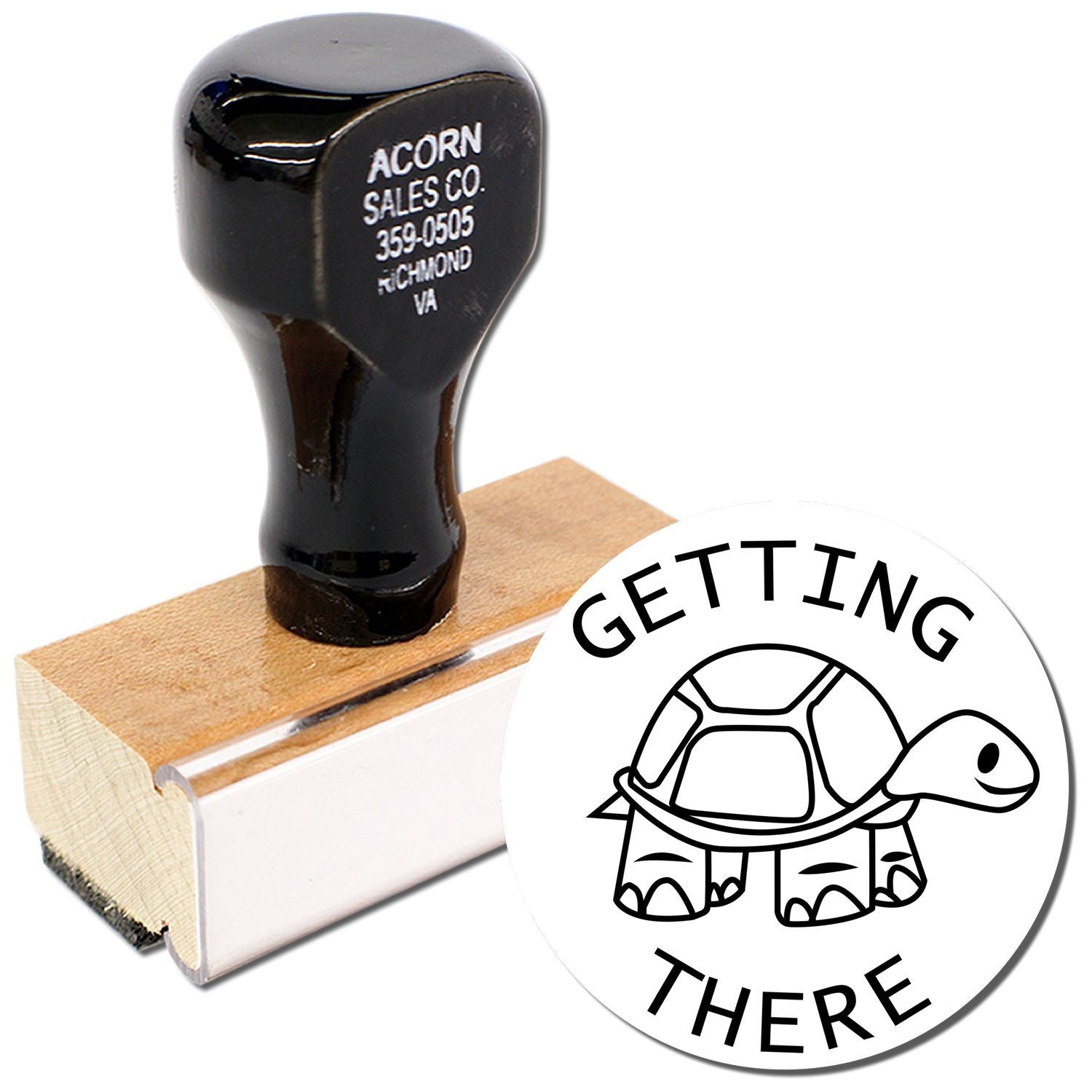 Custom rubber stamp with Getting There turtle logo on wooden mount