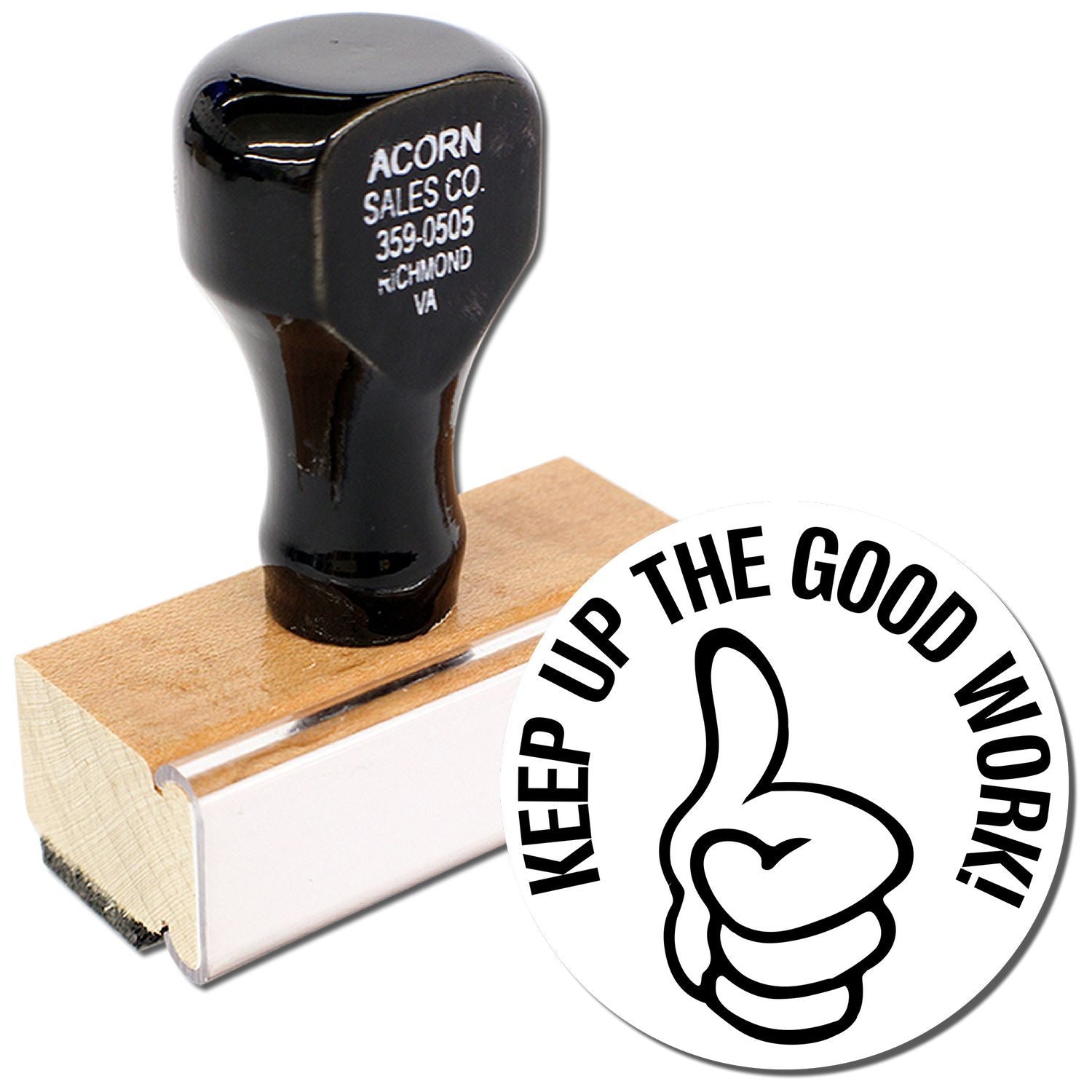 Custom self-inking rubber stamp with black handle and Keep Up the Good Work! thumbs-up design, promotional office stamp product.