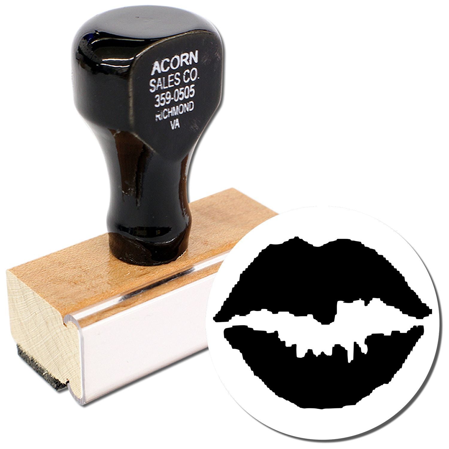 Custom self-inking rubber stamp with lips logo and wooden handle for branding and crafts