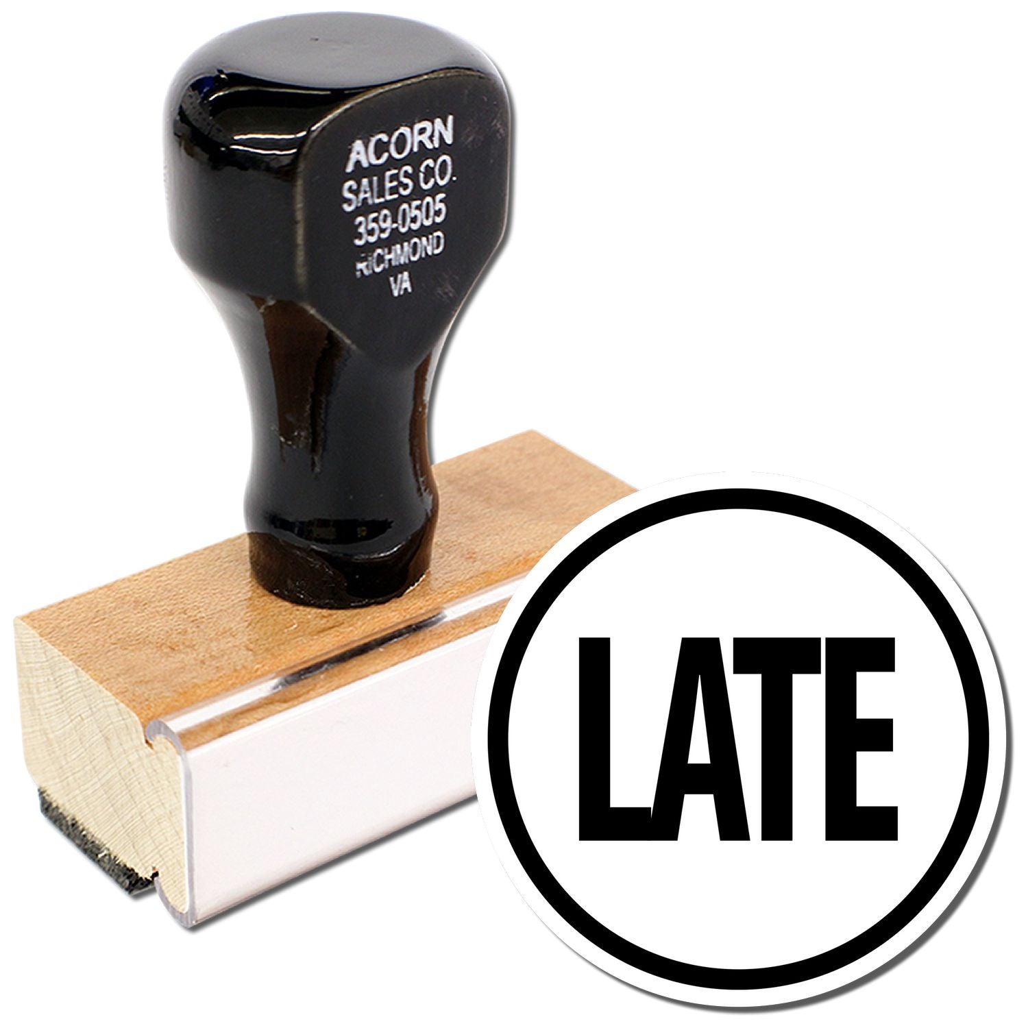 Black self-inking late office stamp with custom company text on wooden handle and rubber base.