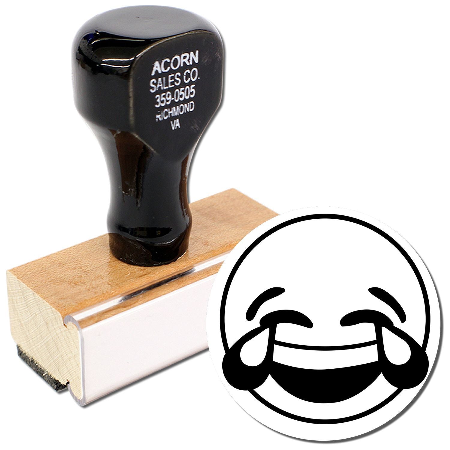 Custom rubber stamp with wooden handle and laughing emoji design on white background