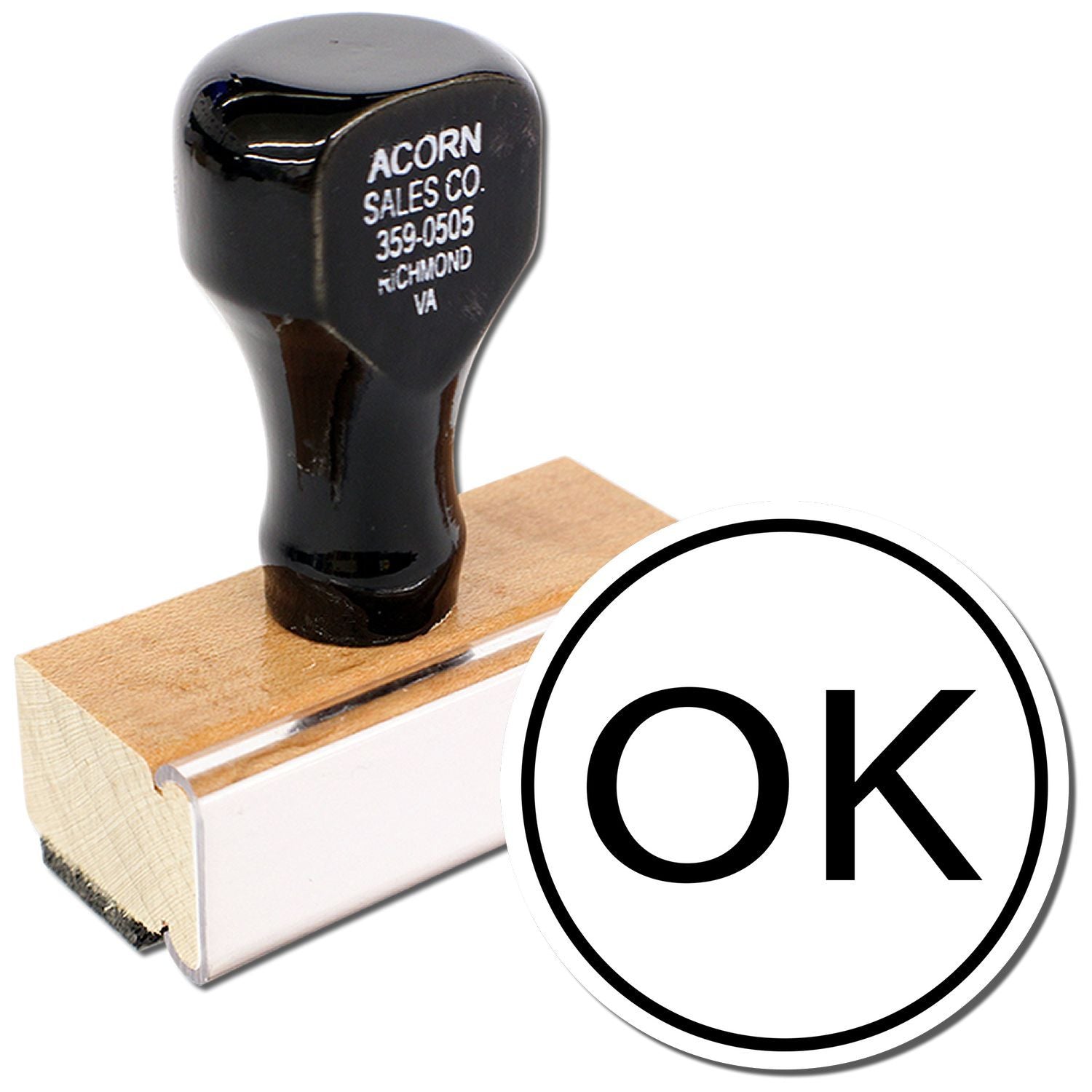 Black self-inking OK rubber stamp with wooden base and custom Acorn Sales Co. imprint