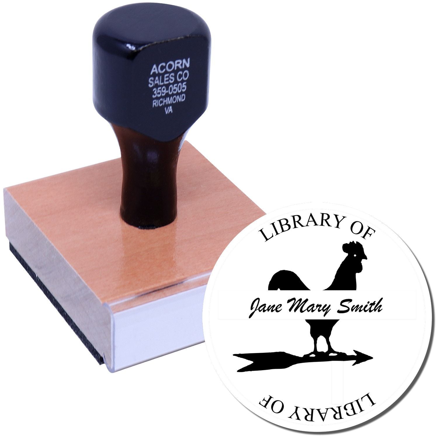 Custom rubber stamps with self-inking office stamp and personalized library of stamp featuring rooster design and name.