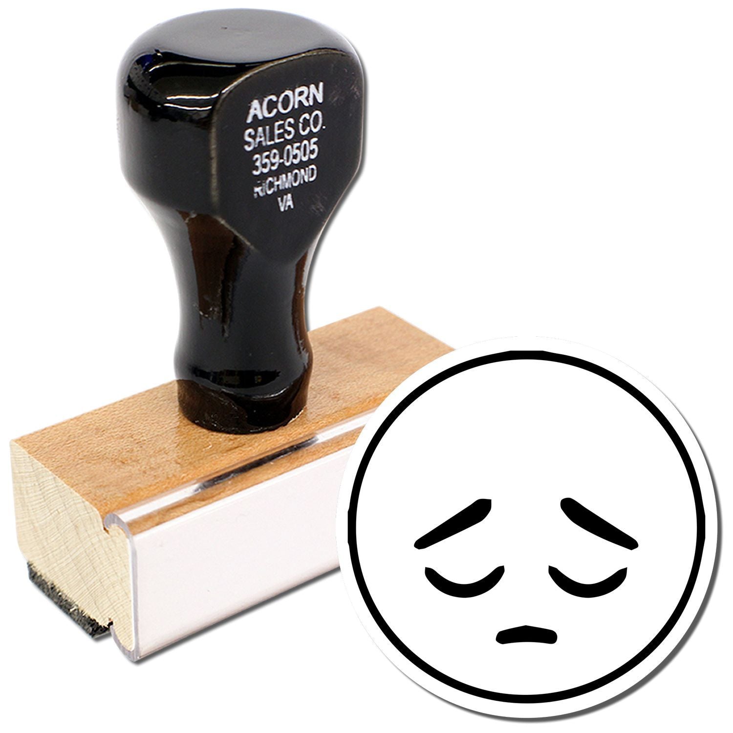 Sad face rubber stamp with wooden handle and custom logo imprint on white background