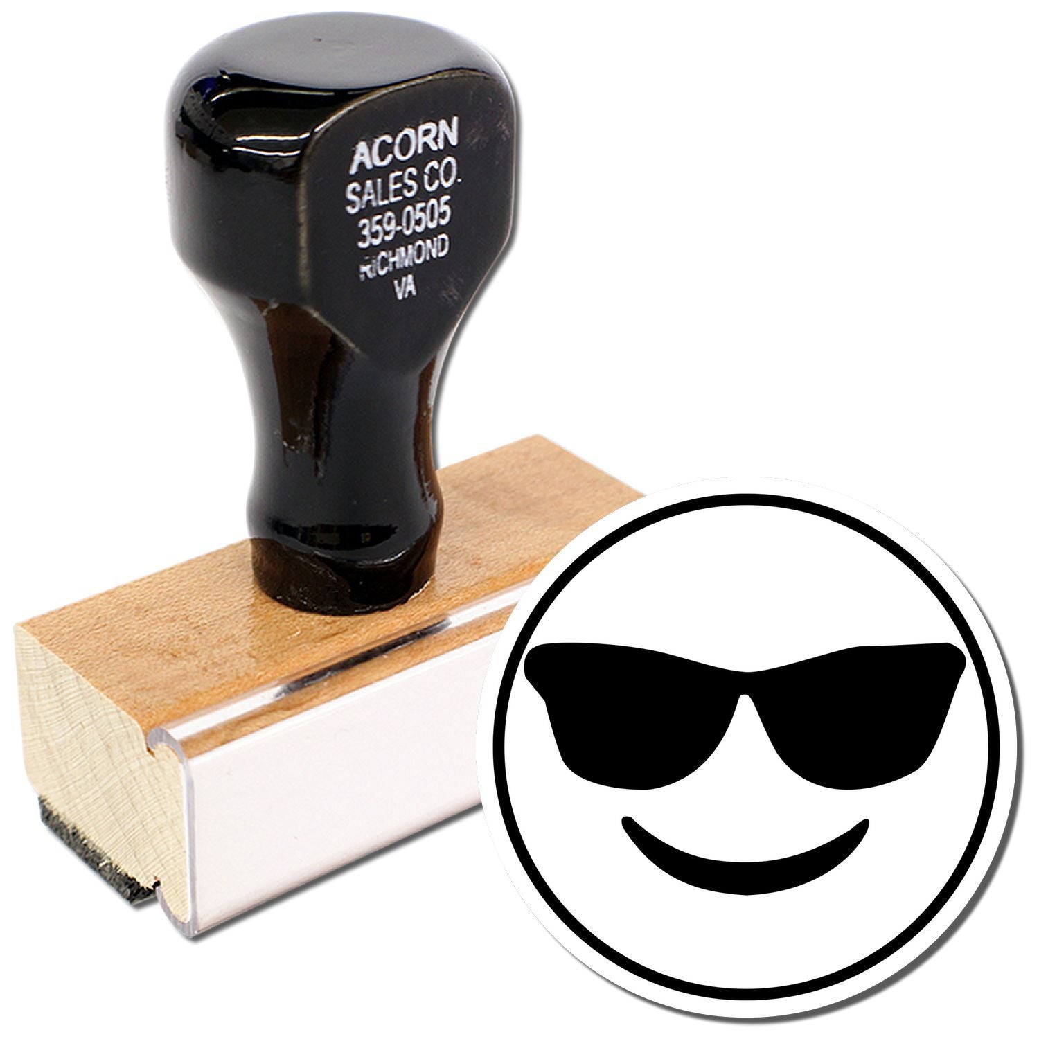 Black custom rubber stamp with sunglasses smiley face icon on a wooden handle block, promotional office stamp tool.