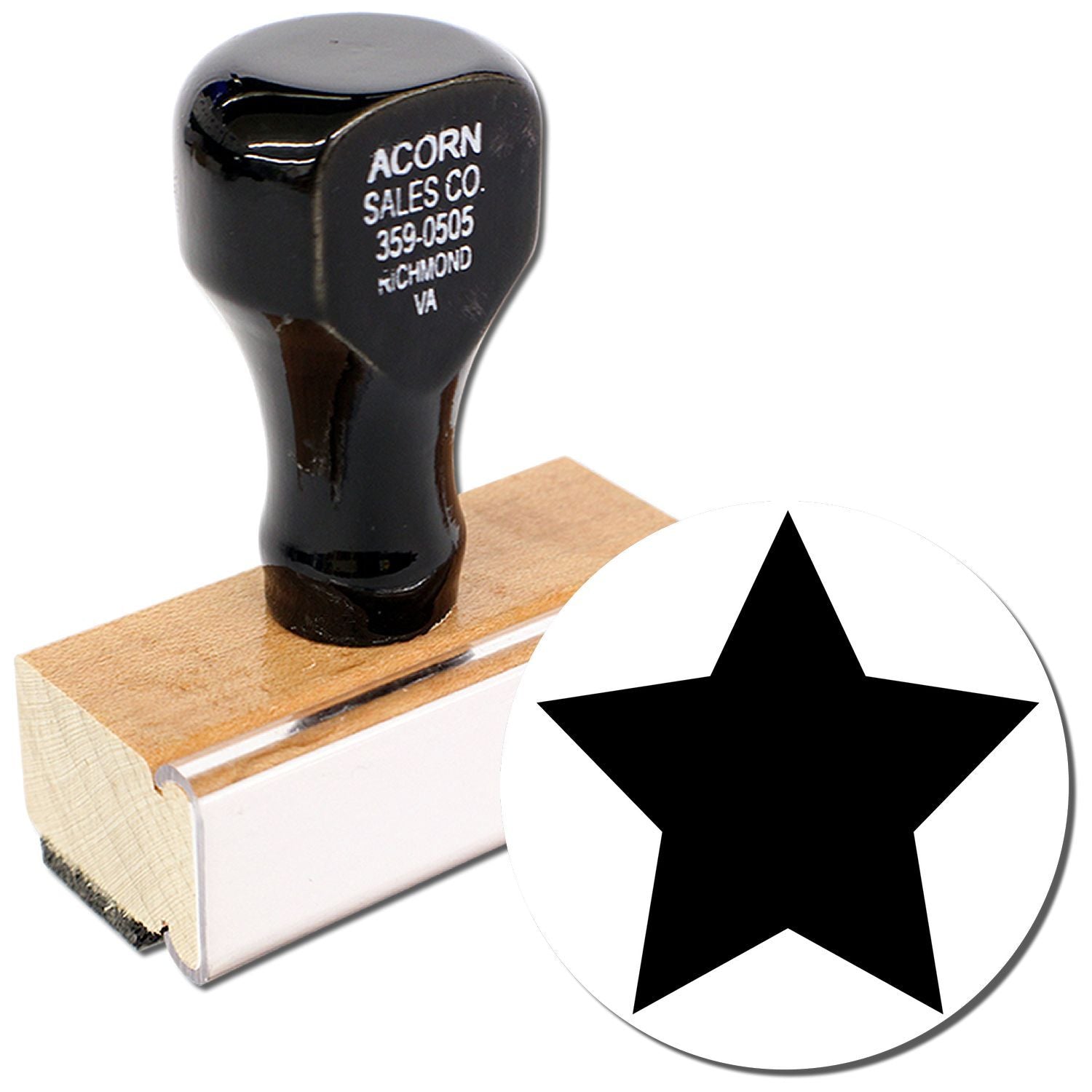 Custom black star rubber stamp with wooden base and handle