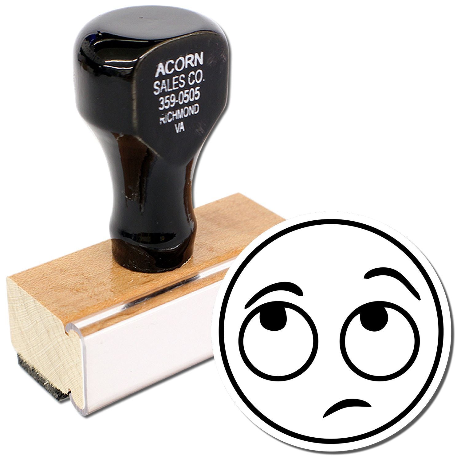 Custom rubber stamp with wooden handle and sad emoji design, black Acorn Sales Co. ink stamp on white background