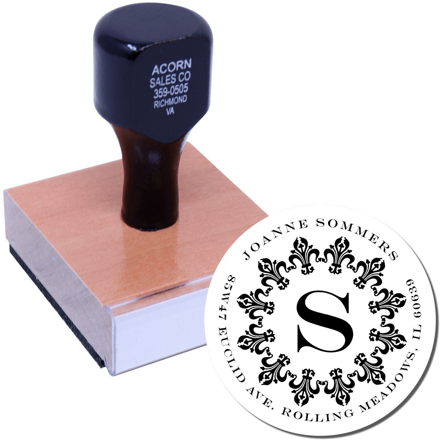 Custom rubber stamp with monogram initial S and personalized address design, showing stamp impression for business or wedding use.