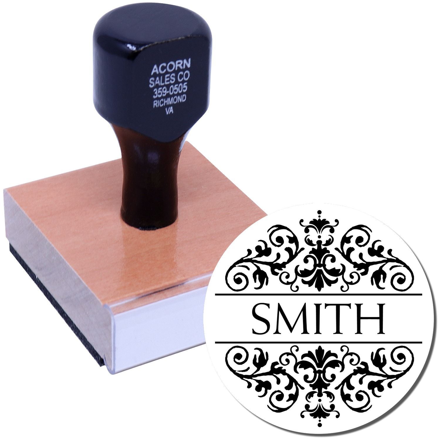 Custom rubber stamp with ornate Smith monogram, ideal for personalized branding, stationery, and return address use.