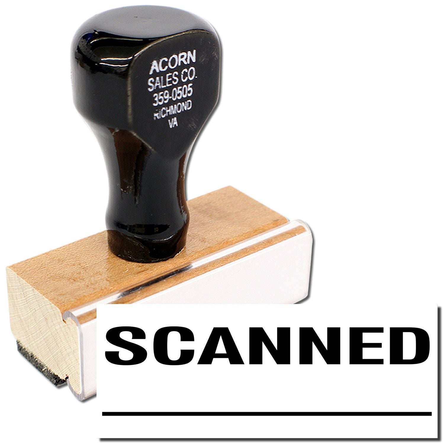 Black office rubber stamp with SCANNED imprint and Acorn Sales Co. branding on a white background
