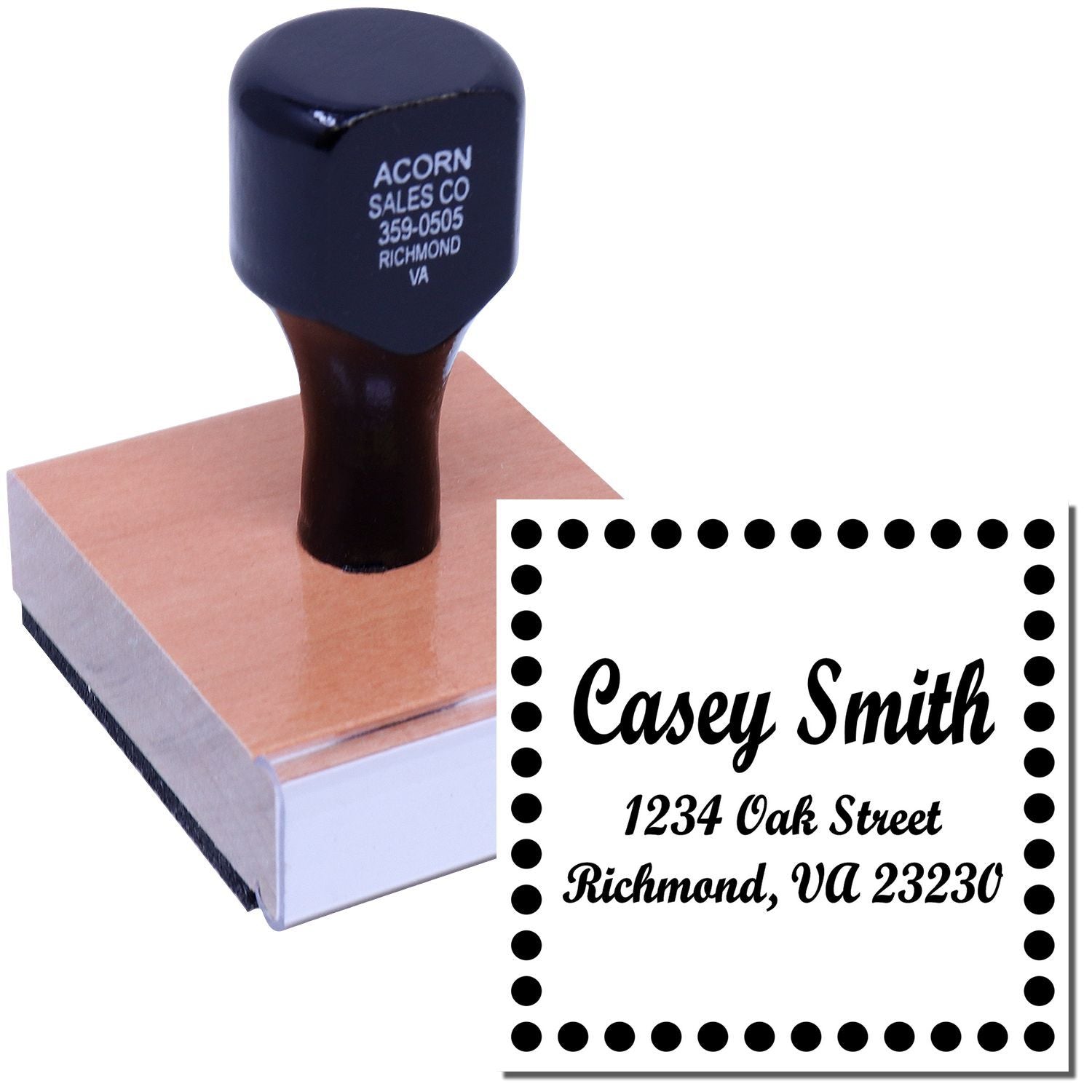 Custom address rubber stamp with name and Richmond, VA mailing details for personalized stationery and envelopes