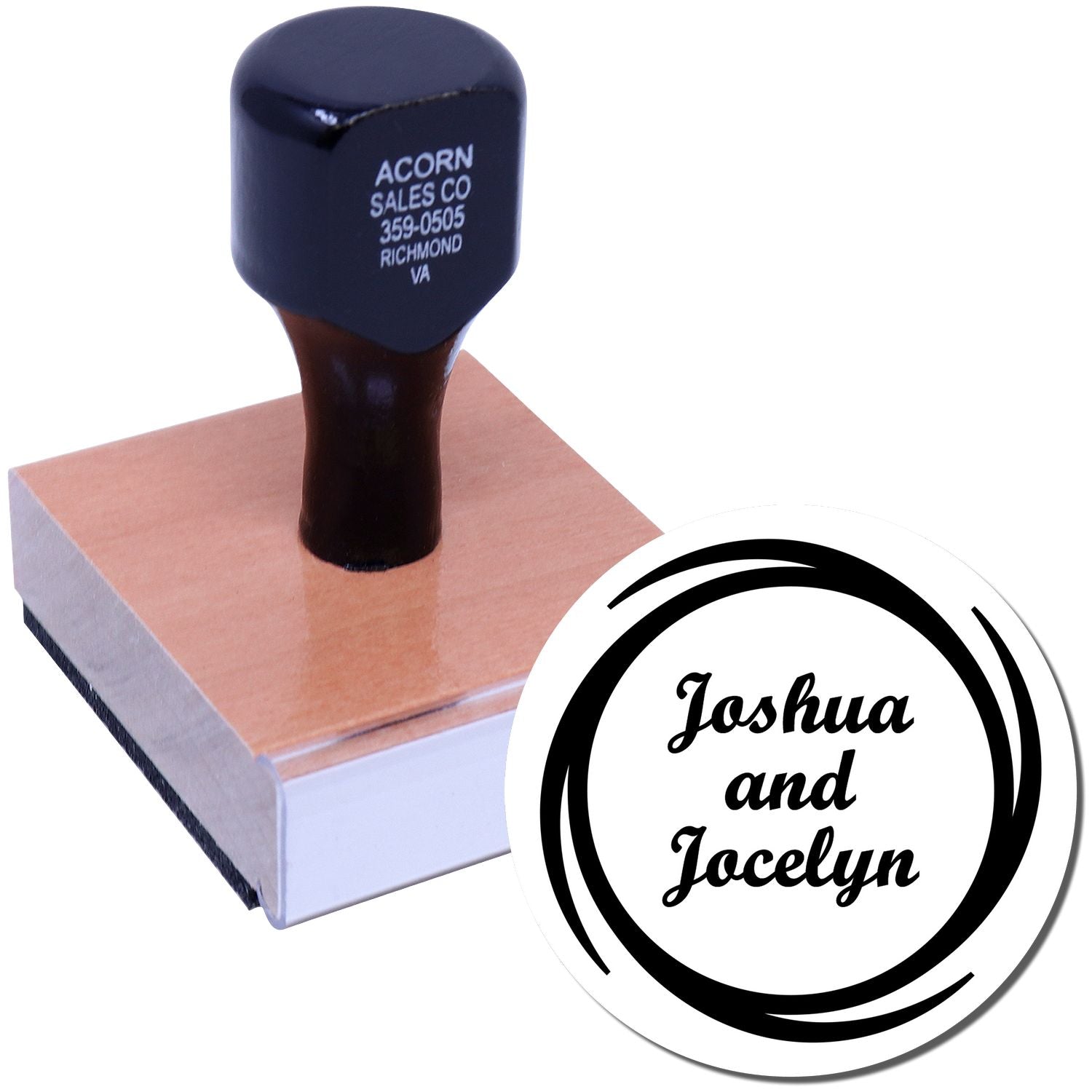 Custom rubber stamp with Joshua and Jocelyn design for personalized wedding stationery and craft projects.