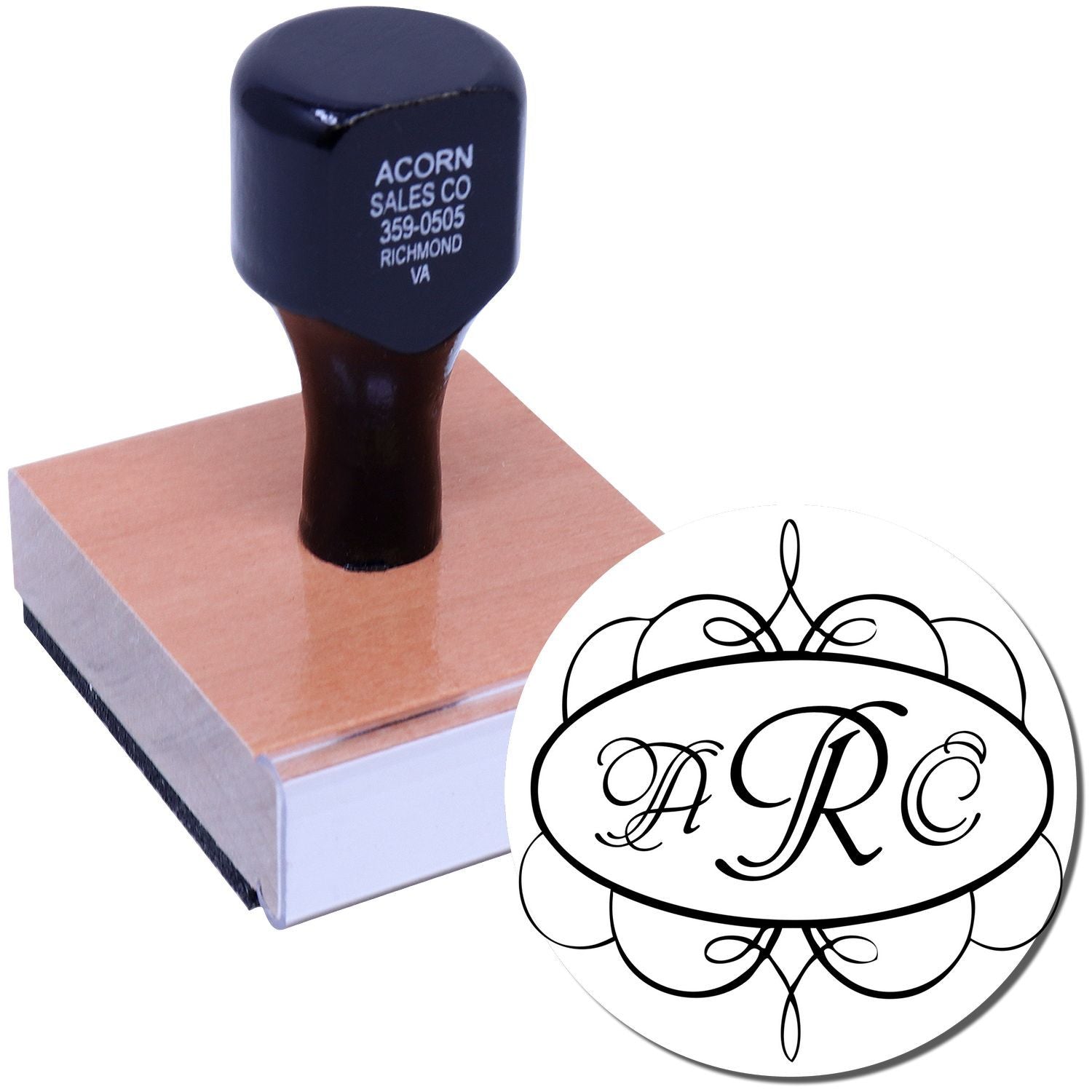 Wood mounted custom rubber stamp with elegant monogram logo, ideal for personalized business, wedding, or craft use.