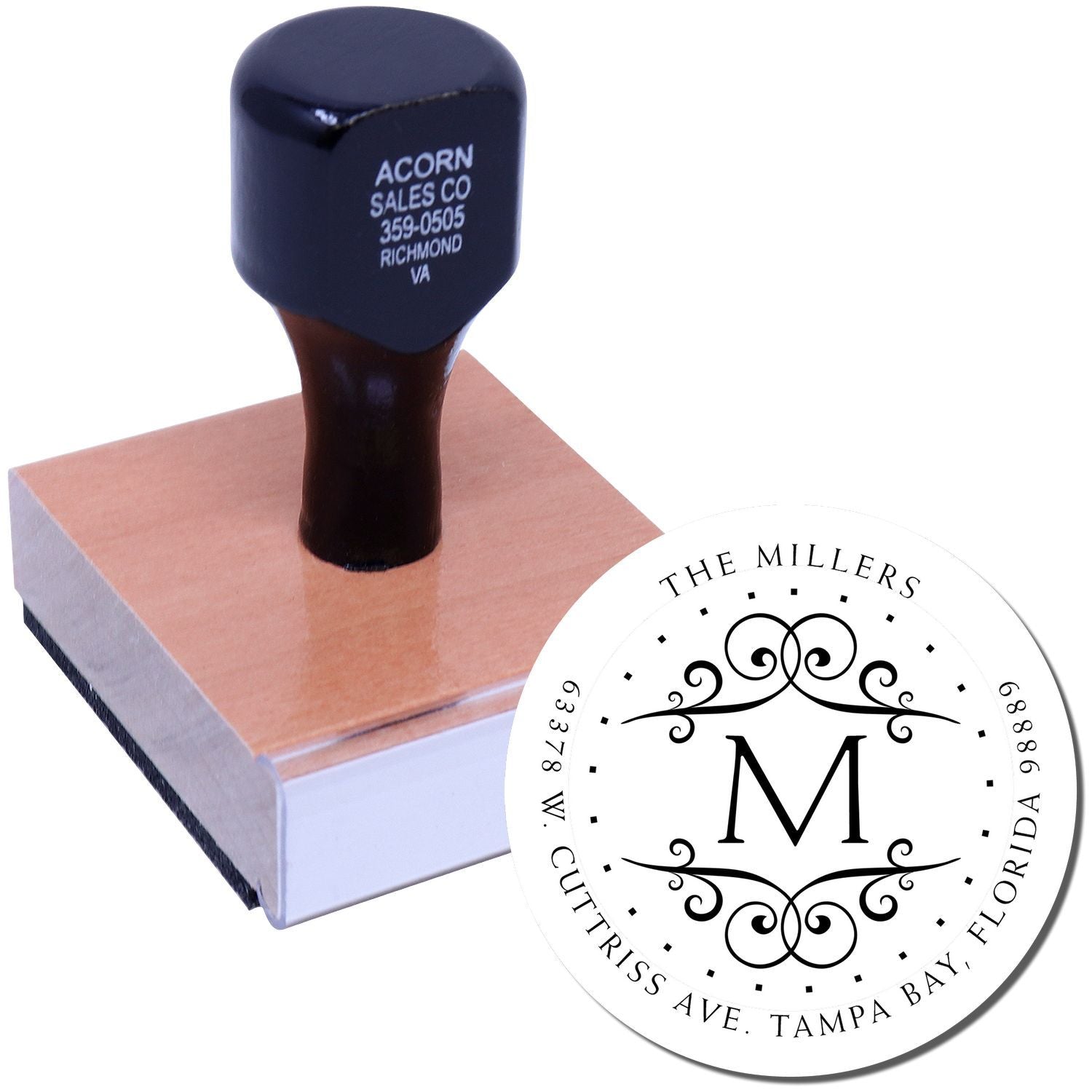 Custom return address rubber stamp with monogram for personalized family mailings and wedding invitations.