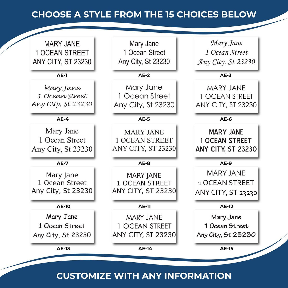 Customizable address label style chart with 15 font options, showing sample name and mailing address layouts for personalized mailing labels.